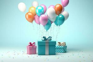AI generated Colorful balloons background 3D Rendering, Celebratory background with color balloons, confetti, sparkles, lights, AI Generated photo