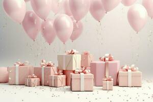 AI generated Colorful balloons background 3D Rendering, Celebratory background with color balloons, confetti, sparkles, lights, AI Generated photo