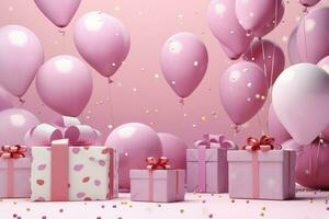 AI generated Colorful pink balloons background 3D Rendering, Celebratory background with color balloons, confetti, sparkles, lights, AI Generated photo