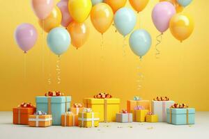 AI generated Colorful balloons background 3D Rendering, Celebratory yellow background with color balloons, confetti, sparkles, lights, AI Generated photo