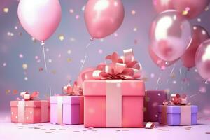 AI generated Colorful balloons background 3D Rendering, Celebratory background with color balloons, confetti, sparkles, lights, AI Generated photo