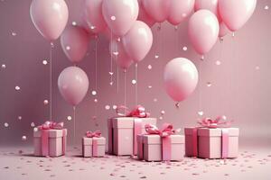 AI generated Colorful pink balloons background 3D Rendering, Celebratory background with color balloons, confetti, sparkles, lights, AI Generated photo