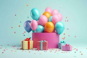 AI generated Colorful balloons background 3D Rendering, Celebratory background with color balloons, confetti, sparkles, lights, AI Generated photo