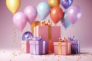 AI generated Colorful balloons background 3D Rendering, Celebratory pink background with color balloons, confetti, sparkles, lights, AI Generated photo