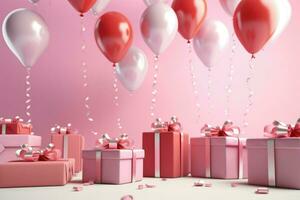 AI generated Colorful balloons background 3D Rendering, Celebratory background with color balloons, confetti, sparkles, lights, AI Generated photo