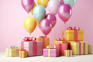 AI generated Colorful balloons background 3D Rendering, Celebratory background with color balloons, confetti, sparkles, lights, AI Generated photo