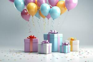 AI generated Colorful balloons background 3D Rendering, Celebratory background with color balloons, confetti, sparkles, lights, AI Generated photo