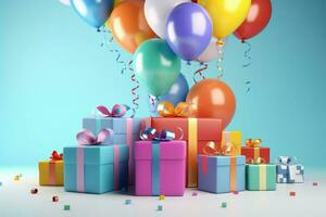 AI generated Colorful balloons background 3D Rendering, Celebratory background with color balloons, confetti, sparkles, lights, AI Generated photo