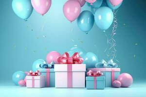 AI generated Colorful balloons background 3D Rendering, Celebratory blue background with color balloons, confetti, sparkles, lights, AI Generated photo