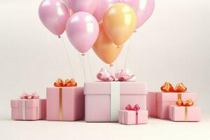 AI generated Gift boxes with color balloons and confetti, 3d render of birthday background with gift box, balloons and confetti, AI Generated photo