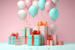 AI generated Colorful balloons background 3D Rendering, Celebratory background with color balloons, confetti, sparkles, lights, AI Generated photo