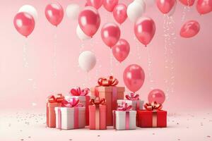 AI generated Colorful balloons background 3D Rendering, Celebratory background with color balloons, confetti, sparkles, lights, AI Generated photo