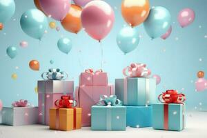 AI generated Colorful balloons background 3D Rendering, Celebratory blue background with color balloons, confetti, sparkles, lights, AI Generated photo