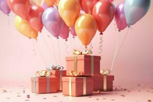 AI generated Colorful balloons background 3D Rendering, Celebratory background with color balloons, confetti, sparkles, lights, AI Generated photo
