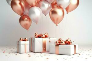 AI generated Gift boxes with color balloons and confetti, 3d render of birthday background with gift box, balloons and confetti, AI Generated photo