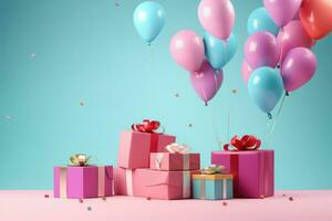 AI generated Colorful balloons background 3D Rendering, Celebratory background with color balloons, confetti, sparkles, lights, AI Generated photo