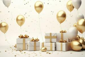 AI generated Birthday background with Gift boxes color balloons and confetti, 3d render of birthday background, AI Generated photo