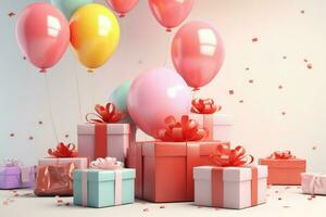 AI generated Colorful balloons background 3D Rendering, Celebratory pink background with color balloons, confetti, sparkles, lights, AI Generated photo