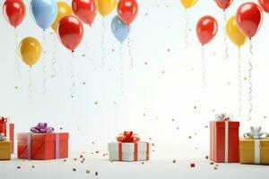 AI generated Gift boxes with color balloons and confetti, 3d render of birthday background with gift box, balloons and confetti, AI Generated photo