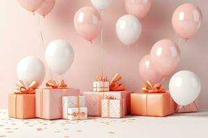 AI generated Colorful balloons background 3D Rendering, Celebratory background with color balloons, confetti, sparkles, lights, AI Generated photo
