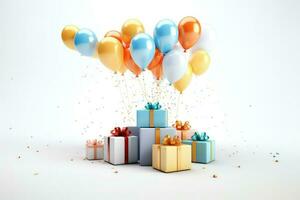 AI generated Gift boxes with color balloons and confetti, 3d render of birthday background with gift box, balloons and confetti, AI Generated photo