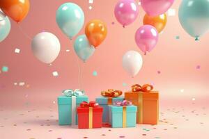 AI generated Colorful balloons background 3D Rendering, Celebratory background with color balloons, confetti, sparkles, lights, AI Generated photo