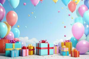 AI generated Colorful balloons background 3D Rendering, Celebratory background with color balloons, confetti, sparkles, lights, AI Generated photo