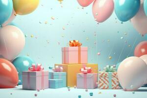 AI generated Colorful balloons background 3D Rendering, Celebratory background with color balloons, confetti, sparkles, lights, AI Generated photo