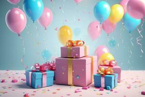 AI generated Colorful balloons background 3D Rendering, Celebratory background with color balloons, confetti, sparkles, lights, AI Generated photo