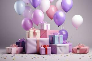 AI generated Colorful balloons background 3D Rendering, Celebratory background with color balloons, confetti, sparkles, lights, AI Generated photo