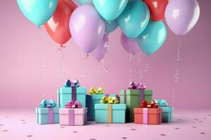 AI generated Colorful balloons background 3D Rendering, Celebratory background with color balloons, confetti, sparkles, lights, AI Generated photo