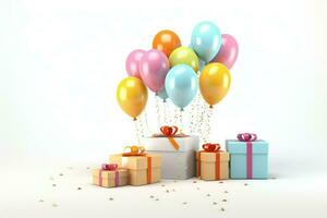 AI generated Balloons and gift boxes with ribbons on white background. 3D Render, 3d render of birthday background with gift box, balloons and confetti Ai generated photo