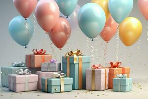 AI generated Colorful balloons background 3D Rendering, Celebratory background with color balloons, confetti, sparkles, lights, AI Generated photo