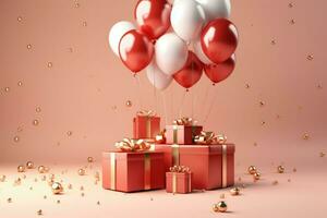 AI generated Colorful balloons background 3D Rendering, Celebratory background with color balloons, confetti, sparkles, lights, AI Generated photo
