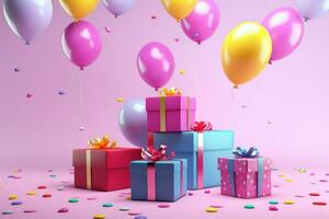 AI generated Colorful balloons background 3D Rendering, Celebratory background with color balloons, confetti, sparkles, lights, AI Generated photo