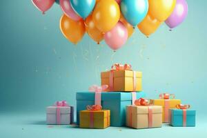AI generated Colorful balloons background 3D Rendering, Celebratory blue background with color balloons, confetti, sparkles, lights, AI Generated photo