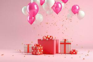 AI generated Colorful balloons background 3D Rendering, Celebratory background with color balloons, confetti, sparkles, lights, AI Generated photo