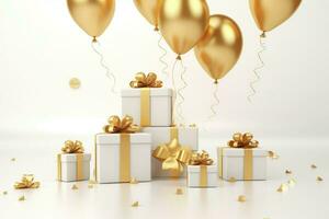 AI generated Birthday background with Gift boxes golden balloons and confetti, 3d render of birthday background, AI Generated photo