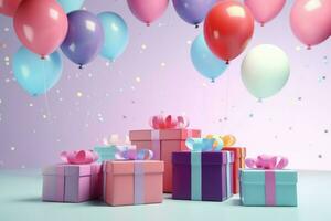 AI generated Colorful balloons background 3D Rendering, Celebratory background with color balloons, confetti, sparkles, lights, AI Generated photo