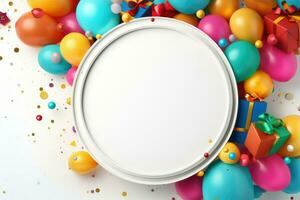 AI generated Blank round frame mockup with color balloons and confetti, round frame on color balloons and confetti, AI Generated photo