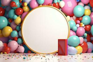 AI generated Blank round frame mockup with color balloons and confetti, round frame on color balloons and confetti, AI Generated photo