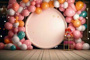 AI generated Blank frame mockup with color balloons and confetti, frame on color balloons and confetti, AI Generated photo