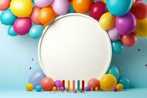 AI generated Blank round frame mockup with color balloons and confetti, round frame on color balloons and confetti, AI Generated photo