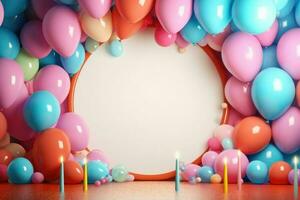 AI generated Blank round frame mockup with color balloons and confetti, round frame on color balloons and confetti, AI Generated photo