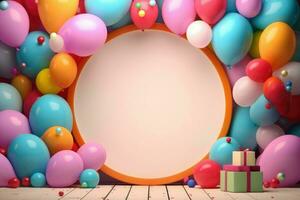 AI generated Blank round frame mockup with color balloons and confetti, round frame on color balloons and confetti, AI Generated photo