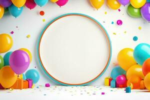 AI generated Blank frame mockup with color balloons and confetti, frame on color balloons and confetti, AI Generated photo