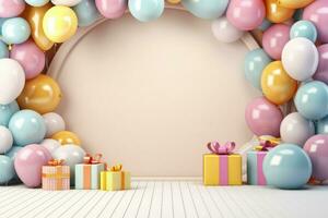 AI generated Blank frame mockup with color balloons and confetti, frame on color balloons and confetti, AI Generated photo