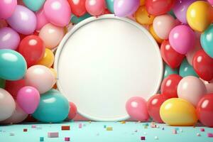 AI generated Blank round frame mockup with color balloons and confetti, round frame on color balloons and confetti, AI Generated photo