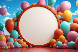 AI generated Blank round frame mockup with color balloons and confetti, round frame on color balloons and confetti, AI Generated photo