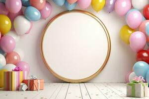 AI generated Blank frame mockup with color balloons and confetti, frame on color balloons and confetti, AI Generated photo